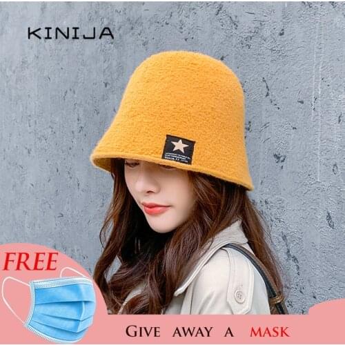 Autumn Thick Cashmere Bucket Hat Korean Solid Color with five-pointed star logo Warm Ladies Cap Winter Outdoor panama hat