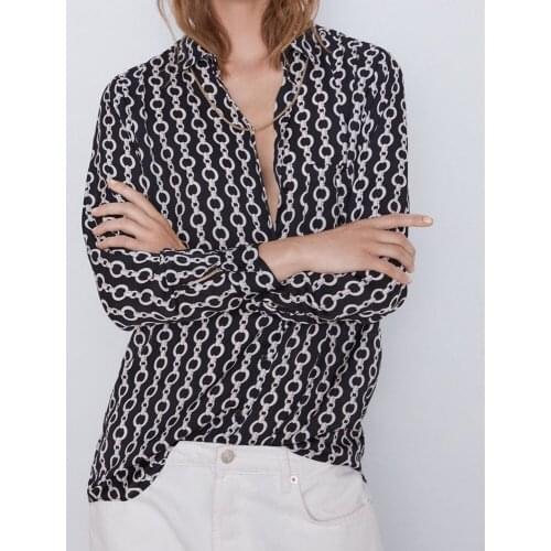 Chain Printed Shirt Autumn 2021 Womens New Fashion Casual All Over Lapel Long Sleeve Silk Smooth Luster