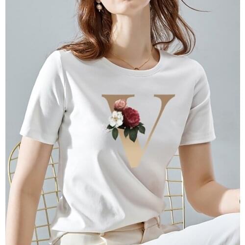 Womens Fashion Harajuku Casual White Tops Tee Female T-Shirt Summer 26 English Alphabet Print Ladies Tshirt,Drop Shipping