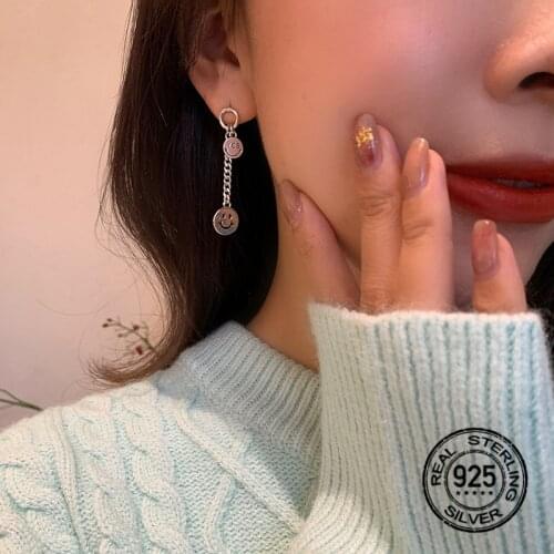 925 Sterling SilverTassel Earrings For Women Chain Smiley Face Hip Hop Fashion Design Female Friendship High Quality Jewelry