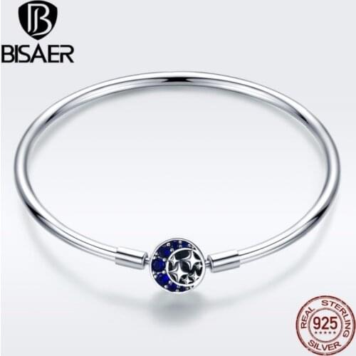 Bracelet Femme 925 Sterling Silver Moon and Star Bracelets for Women Dazzling CZ Silver Snake Chain Bracelets Bangles ECB080