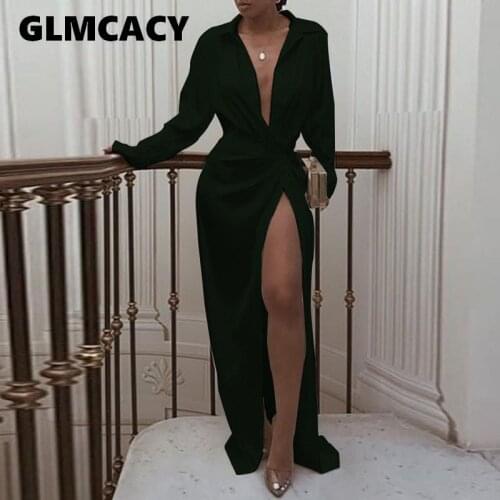 Women Solid Twisted Design Shirt Dress Long Sleeve Summer Dress High Split Maxi Dresses Vestidos De Verano