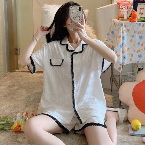 2021 Summer Cotton Short Sleeve Pajama Sets for Women Cute Lace Shorts Sleepwear Suit Pyjamas Homewear Pijama Mujer Home Clothes