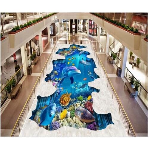 3d floor painting wallpaper Sea World dolphin shark 3D three-dimensional painting outdoors 3d flooring
