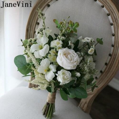 JaneVini Western Style White Wedding Bouquet Artificial Flowers Silk Rose Bride Flower Green Leaves Bridal Bouquet De Novia 2021