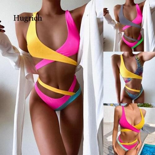 Colorful Splicing Bikini Female Swimsuit Women Swimwear Two-Piece Bikini Set Asymmetric Mid Waist Bather Bathing Suit Swim