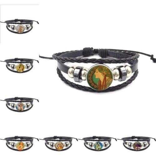 EJ Glaze For ValentineS Day Gift Black Leather Bracelet Bangle Women Statement Glass Cabochon Jewelry Gift Mucha