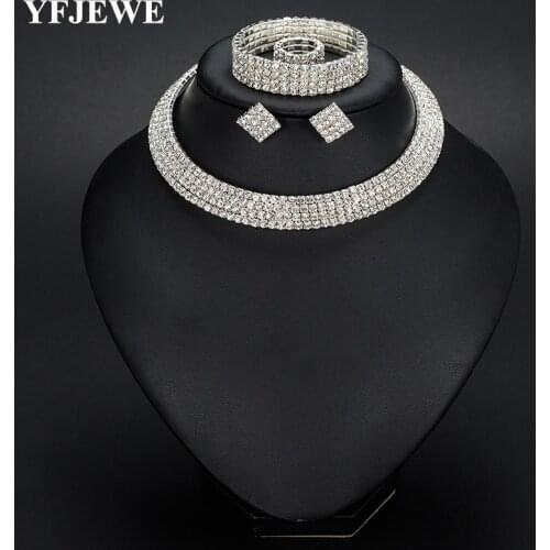 YFJEWE Bride 1-5 Row Classic Rhinestone Choker Necklace Earrings and Bracelet Wedding Jewelry Sets Wedding Accessories N387