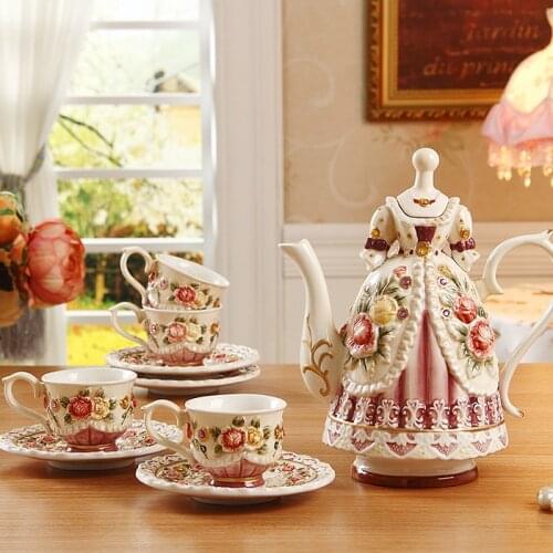 Creative hand Painted embossed rose ceramic coffee cup and pot Wedding gifts Beauty Princess Gorgeous Dress Ceramic Tea Set