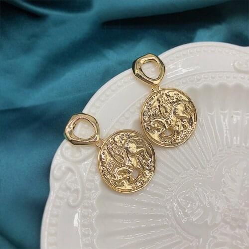 Golden Free Horse Round Earrings Female Retro Classic Coin Earrings Temperament Korea And Europe Earrings Girl Gift