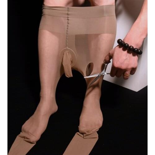 Summer Anti Hook Silk stockings Men Underwear Penis Sheath Cock Pouch Pantyhose Ultrathin Sheer Plus Size Free Cut Silk Socks