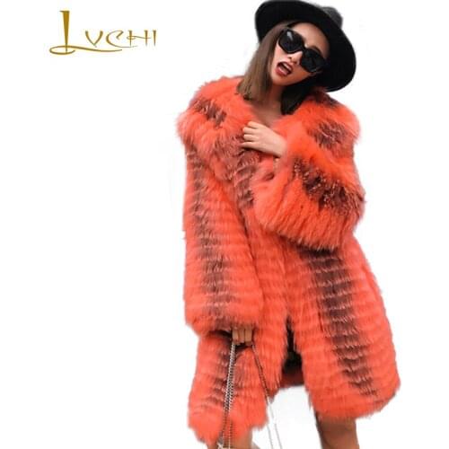 LVCHI 2018 Spring Imported Marble Fox Fur Coat Fur Coat Womens Striped Medium Causal Slim With Fur Hood Orange Color Fox Coats