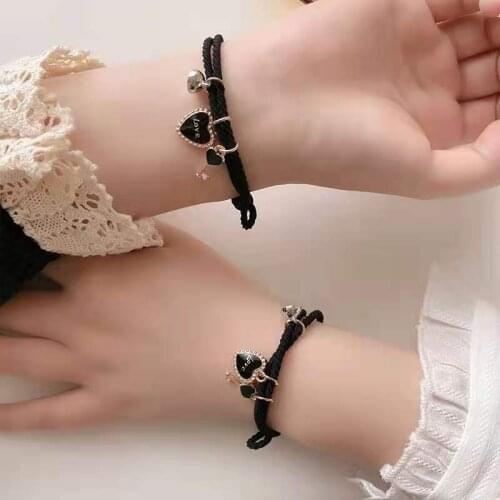 ACRDDK Magnetic Bracelets For Couple Friend With Cartoon Cat Love Heart Pendant Cute Mutually Attractive Friendship Rope Gifts
