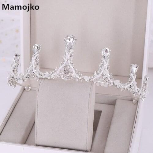 Mamojko Korean Big Crystal Beads Tiaras&Crown for Women Wedding Bride Baroque Handmade Headdress Bridal Hair Jewelry