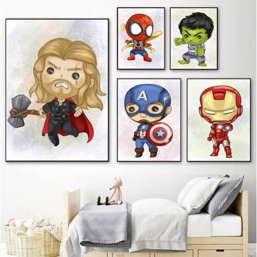 Wall Art Canvas Painting Disney Cartoon Mini Avengers Cute Iron Man Thor Poster Marvel Superhero Picture For Kids Room Decor