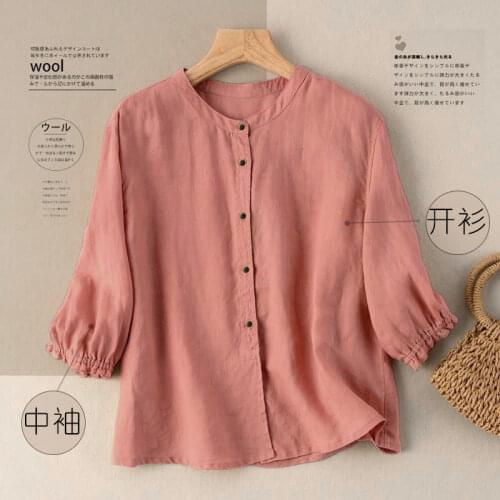 2021 New Summer Half Sleeve Cotton Linen Button Up Shirts Women Vintage Loose Solid Color Tops Female Casual O-neck Blouse Q484