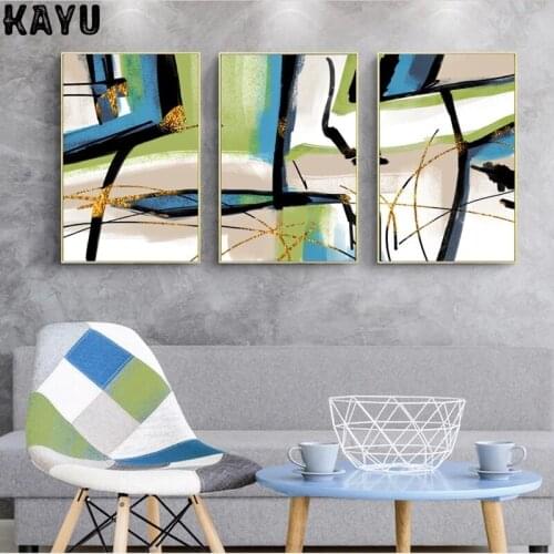 Retro Abstract Gold Lines Blue Black Block Art Print Poster Wall Decor Picture Wall Stickers Canvas Painting for Home Decor