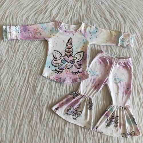 RTS 2020 Girls Clothing Outfits Hot Sale Unicorn Long Sleeve Colorful Bell Bottom Winter Baby Girl Boutique Kid Clothes