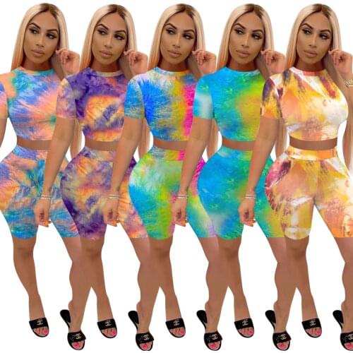 S-2XL summer outfit for women Dropshipping sexy club two piece tie dye set Backless Short sleeve round neck top and shorts