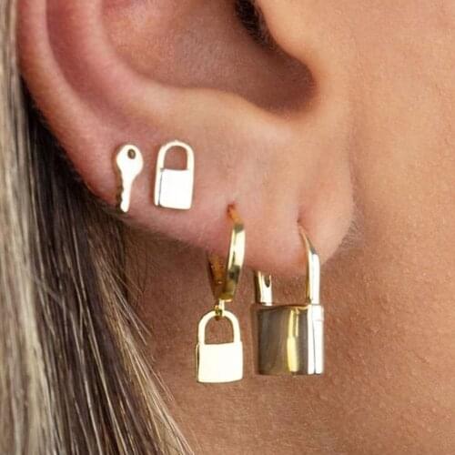 4pcs Unique Safe Love Gold Color Key Lock Earring Stud Earrings for Women Men Pircing Dangle Earing Set Helix Piercing Jewelry