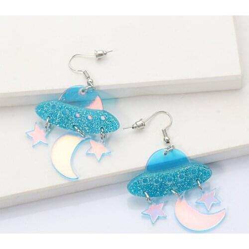 Minar Creative Glitter Cartoon UFO Star and Moon Pendant Earring for Women Bling Bling Resin Arcylic Drop Earrings Brincos 2021