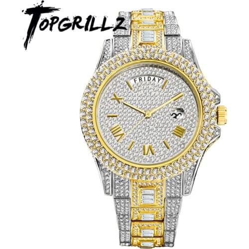 TOPGRILLZ 2021 New Mechanical Luxury Rhinestones Mens Watches 7 Colors Stainless Steel Watch Hip Hop Charm Jewelry Dropshipping