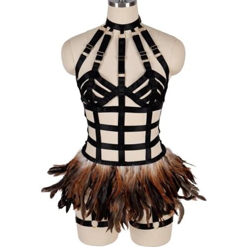 Feather Skirt Sexy Harness Women Harness Bra Set Nightclub Wear Cosplay Costume Bondage Elastic Garter Cage Lingerie Belt