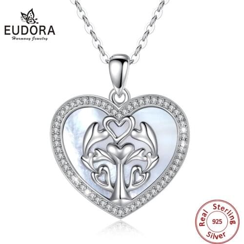 Eudora Unique 925 Sterling Silver Tree of life Necklace Mother of Pearl Silver heart pendant fine Jewelry with fine Jewelry box