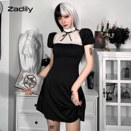 Zadily Hollow Out Lace Shirt Sleeve Mini Bodycon Dress Women Gothic Stand Neeck Black Dresses 2021 Summer Club Party Clothing