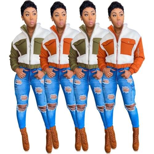 FNOCE womens jackets 2020 winter new fashion casual pathwork Cashmere long sleeve slim zipper fleece warm women coats jacket