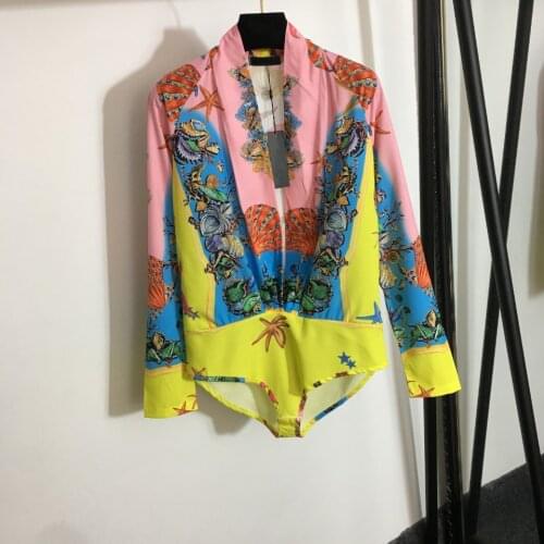 Retro Print Print Sexy Deep V-Neck Long-Sleeved Bodysuit Vacation Fashion Slim Beach Party Women Club Clothing 2021 New