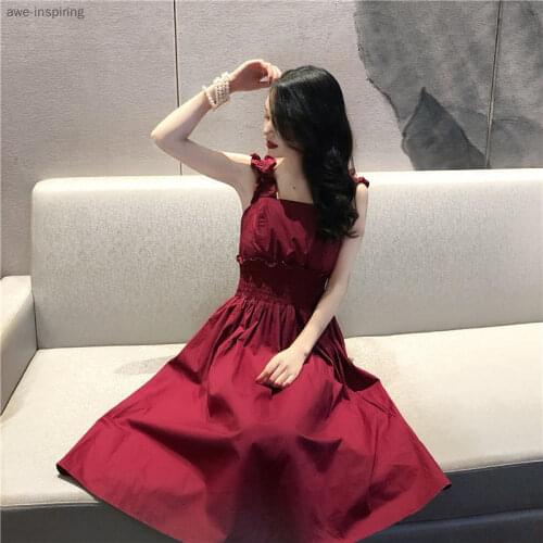 2021 Summer New Style Dress Square Neck Fashion Suspender Strapless Halter Mid-length Waist Sling Red Female Solid Color
