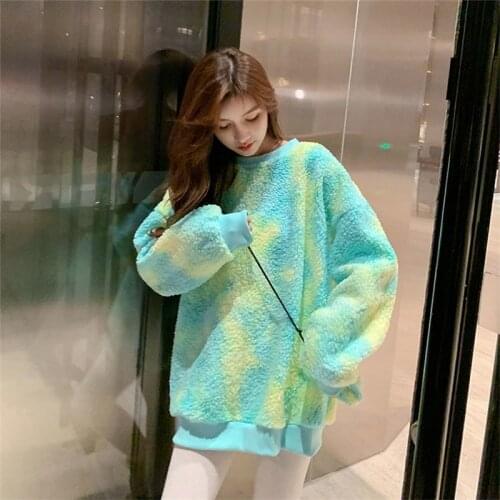 Winter Rainbow Kawaii Fur Hoodies Women Warm Sweet Oversized Hoodie Female Harajuku High Street Korean Women Sweatshirt