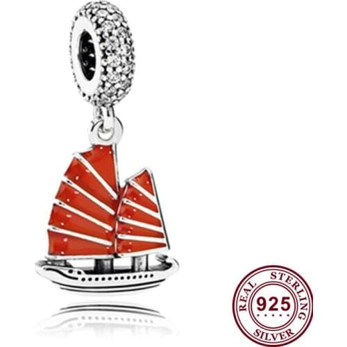100% 925 Sterling Silver Charm New Chinese Red Sailboat Pendant Fit Pandora Women Bracelet & Necklace Diy Jewelry