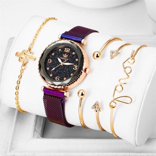5pcs Women Watches Bracelets Ladies Magnetic Starry Sky Watches Ladies Diamond Female Quartz Wrist Watches Reloj Mujer Hodinky