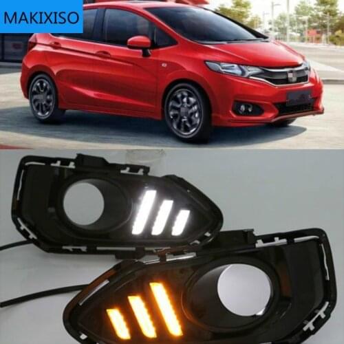 Car LED Daytime Running Lights for Honda Jazz fit 2018 DRL Fog lamp driving lights with Yellow turning signal lights