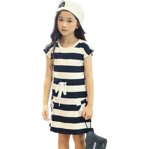 Girls Dress Cotton Striped Dress For Girls Slim Bow Drawstring Kid Party Dress Summer Casual Clothes For Girls 6 8 10 12 14 Year