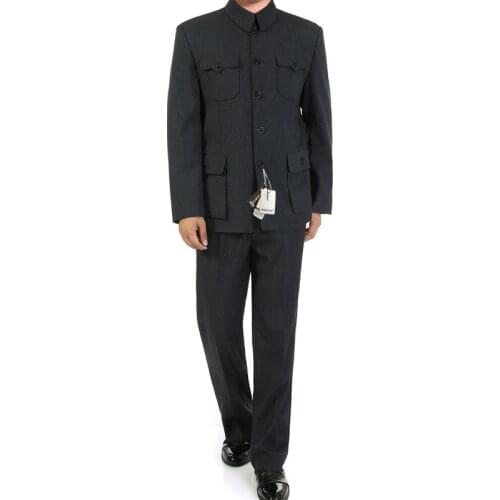Chinese Man Dark Grey Tunic Suit Set For Men Mao Suit Coat With Pants 2 Piece Set Zhongshan Blazer Jacket And Trouser Twinset
