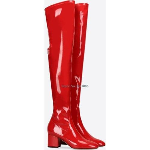 Red Patent Leather Botas Mujer Pointed Toe Back Zipper Over The Knee Long Boots Black Faux Suede Comfortable Boots