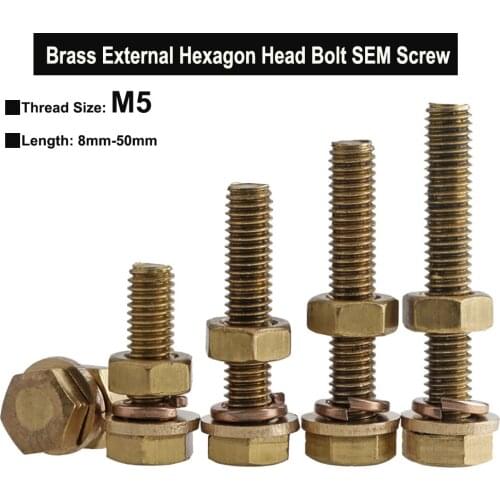 M5 Length 8mm-50mm Brass External Hexagon Head Bolt Three Combination Screw with Plain Washer Spring Washer and Nut