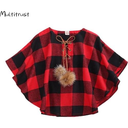 Spring Autumn Infant Kids Plaid Cloak Knitted Tops Long Sleeve Fur Ball Strap Decoration Adjustable Loose Cardigan Dress Cloak