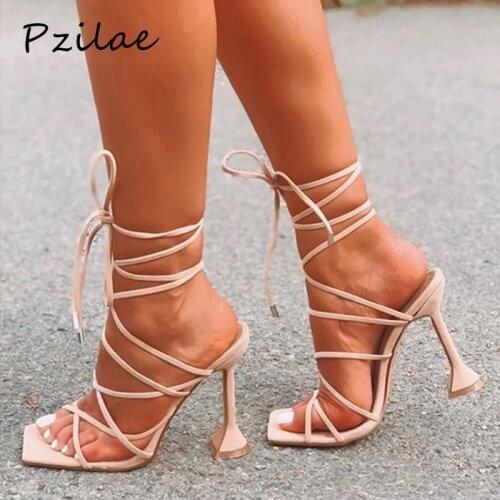 Pzilae New Summer Sexy Lace Up Women Sandals Square Toe Spike Heel Cross Tied Party Shoes High Heels Pumps Big Size 35-41