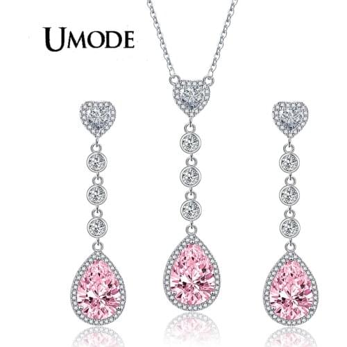 UMODE Luxury Water Drop Heart Pendant Stud Earrings and Necklace Colorful Pink Yellow CZ Stone Banquet Jewelry for Women US0412