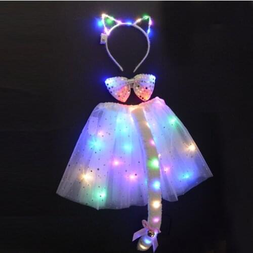 LED Glow Light Kids Girl Women Tutu Skirt Clothing Wear Wedding Party Cat Animal Ear Headband Tie Tail Fox Anime Costume Cosplay