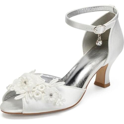 Hoof kitten block heel bridal wedding satin dress shoes open toe ankle strap with lace flower applique sweet heels white ivory