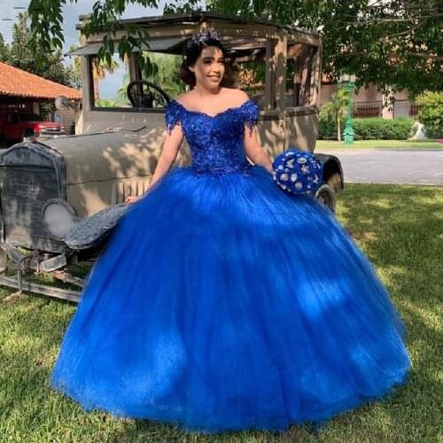 Unique Quinceanera Dresses Mexican 2021 Royal Blue Lace Flowers Masquerade Prom Pageant Dress Sweet 15 vestidos de quinceañera
