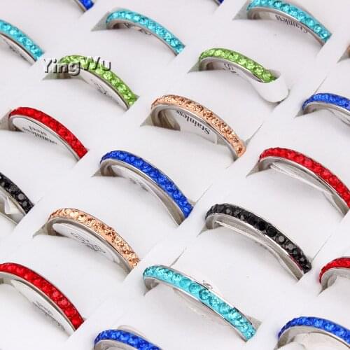 Yingwu Wholesale 50 Pcs/lot Multicolor One Row Rhinestones Stainless Steel Rings Women Ladies Fashion Ring