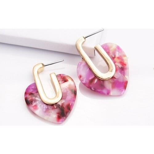 Za 2020 Bohemian Gold Statement Earrings for Girl Small Korean Women Pink Resin Acrylic Heart Dangle Earrings FashionJewelry