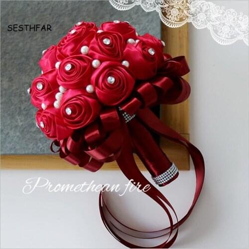 Pearl Bridal Bouquet Wedding Flowers Jewlery Crystals Red Coral Customized Color Brooch Bouquet De Mariee Bridal Accessories