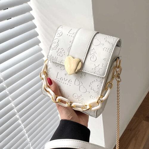 Bag Womens 2021 New Korean Style Retro Heart-Shaped Lock Mobile Phone Womens Bag Studded Shoulder Bag Womens Messenger Bag